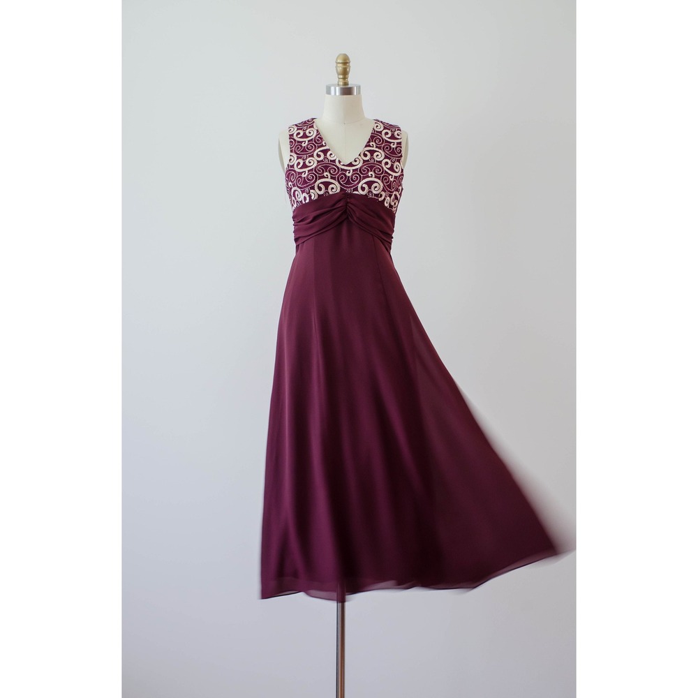 90s y2k vintage dark red‎ burgundy gold embroidered bridesmaid dress gown - Picture 5 of 9